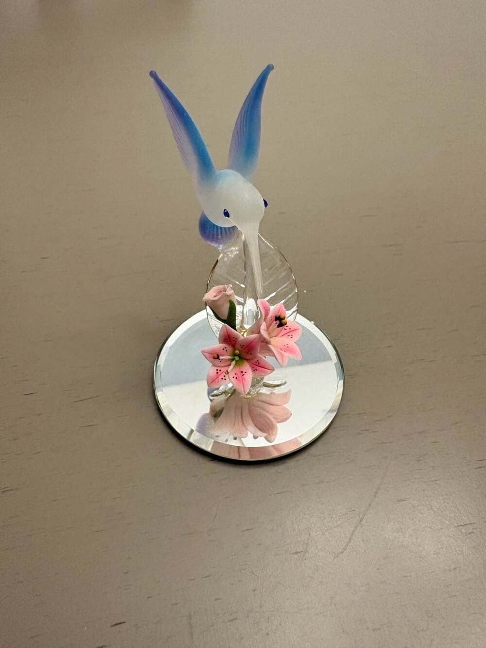Glass Baron Hummingbird Figurine with Flowers and Mirrored Base